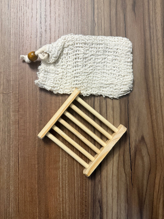 Bamboo Soap Tray & Exfoliating Pouch Set